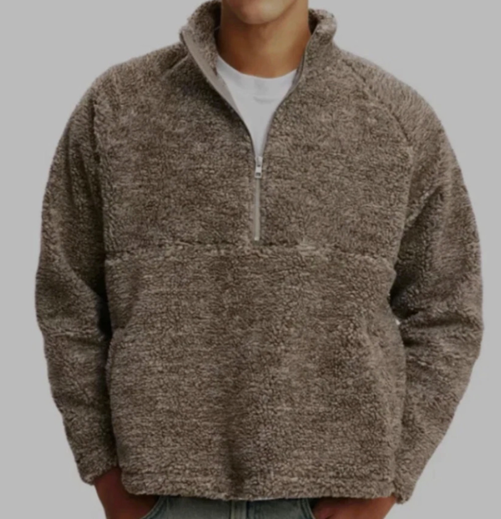 Cotton On Men's Teddy 1/2 Zip Fleece Sweatshirt Putty Size XL